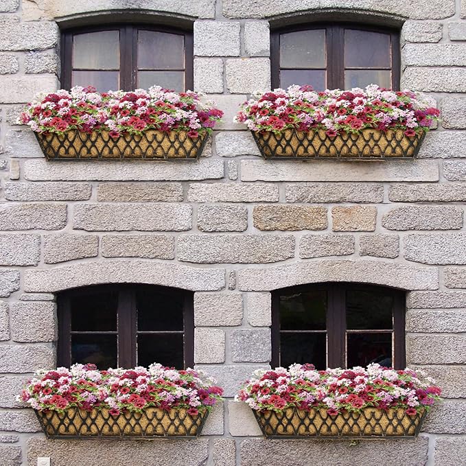 Window Boxes Planters: 2 Pack 30 Inch Railing Planter Box with Adjustable Brackets for Porch Fence Patio Balcony Hanging Flower Baskets with Coco Liners for Outdoor Garden Decor - Bronze