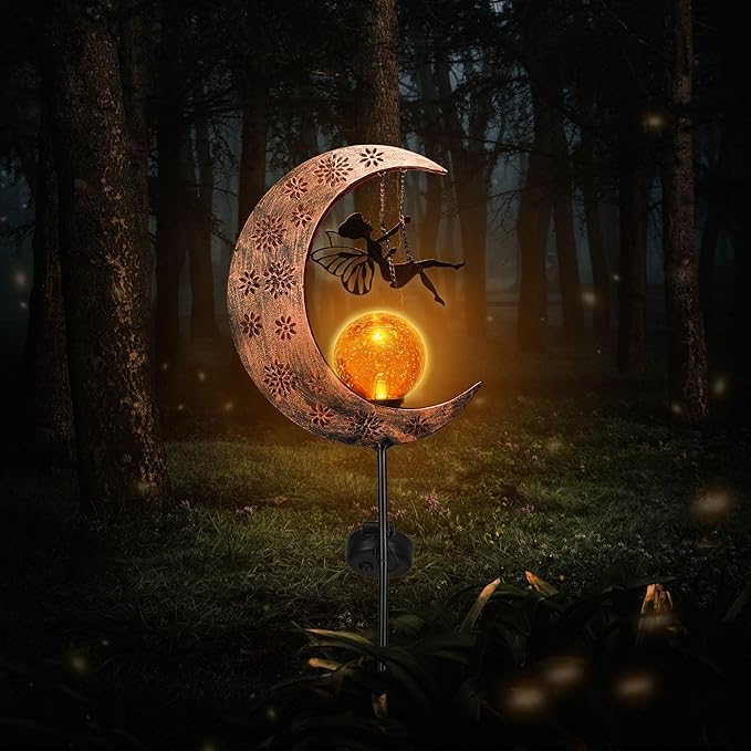 TERESA'S COLLECTIONS Solar Lights Outdoor for Garden Decor, 39" Metal Moon Fairy Pathway Light Garden Statues with Crackle Glass for Patio Decor,Lawn Ornaments Yard Art for Outside, Gift for Christmas