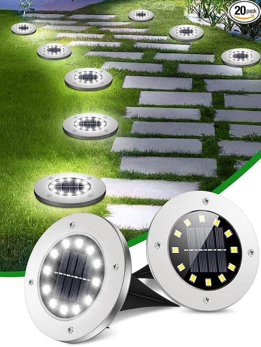 Coroor Solar Ground Lights, 12 LED Waterproof Garden Lights Outdoor Bright In-Ground, Solar Disk Lights Outdoor Decorations for Pathway Yard Lawn Patio Walkway Pool(20 Packs White)