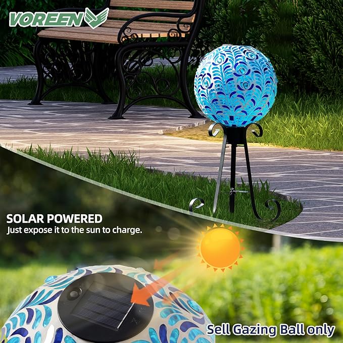 VOREEN Solar Gazing Ball, Mosaic Glass Gazing Globe with Solar Light, Waterproof Outdoor Yard Decoration Sphere for Homes, Patio, Lawn and Gardens, 10", Blue