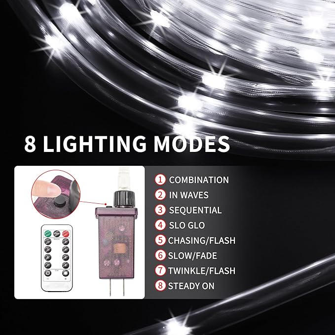 LED Rope Lights for Outside 20Ft Waterproof Led Rope Lighting 86 LEDs 110V 8 Modes Remote Control Timer Led Strip Light for Indoor Outdoor Party Holiday Garden Decoration (White)
