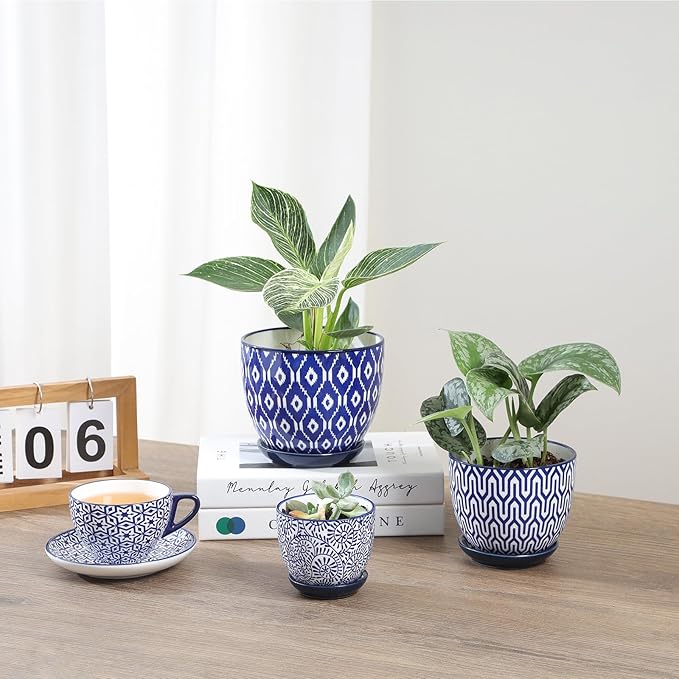 Selamica Ceramic Plant Pots, Indoor Flower Pots for Indoor Plants, 3.5+4.6+5.5 Planters with Drainage Hole & Saucer, Set of 3, Home Decor, Vintage Blue