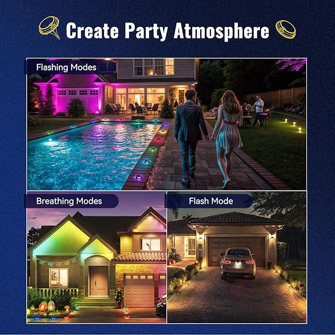 Solar Driveway Lights Outdoor 16 Pack, 9 Colors Solar Deck Dock Lights Outdoor Waterproof IP68, 3 Dynamic Light Modes, Driveway Marker for Warning Stair, Boat Dock, Step, Walkway, Patio Decor