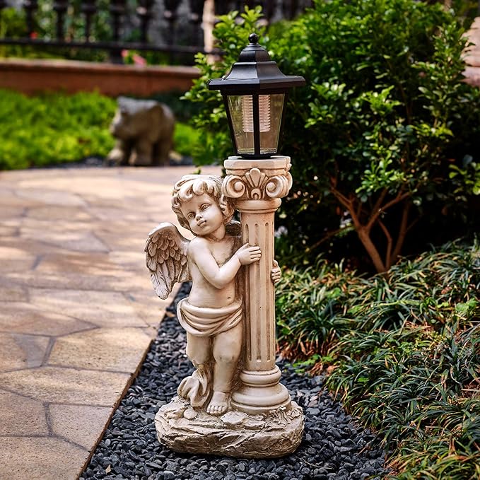 Angel Statue with Solar Lights (Left) 19.7 Inch, Solar Cherub Angel Garden Statue with Roma Pillar for Garden Decor, Porch, Patio, Yard Art Decorations, Polyresin