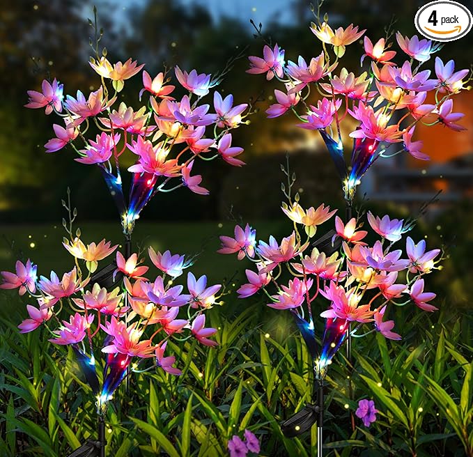 Neporal Solar Flowers Outdoor Waterproof IP65, 5-Head Snow Lotus with 20+ Flowers, 4-Color Light & 2 Lighting Modes, Decorative Solar Lights Outdoor Garden, Yard, Pathway, Flower Bed (4-Pack, Pink)