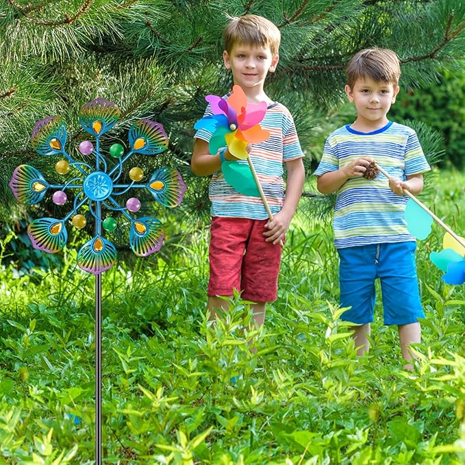 Peacock Wind Spinner Outdoor, Standing Wind Sculpture Yard Art Decorations, Metal Windmill for Patio Lawn & Garden Decor (2pcs-Blue Green)