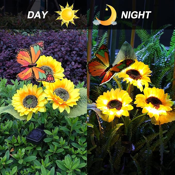 Solar Sunflower Lights Outdoor Garden Lights, 2 Pack Solar Flower Lights with Butterfly Waterproof Garden Decor, Gifts for Mom Grandma, Sunflower Stake Led Lights for Yard Patio Lawn Pathway Outside