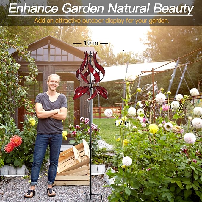 Yard Garden Wind Spinners - Large Outdoor Metal Wind Spinners with Stake, Yard Art Lawn Garden Decor (19" W x 87" H)