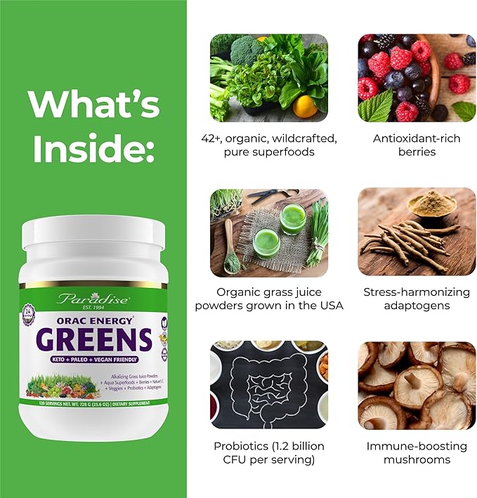 Paradise Herbs, ORAC Energy Greens Powder, 24 Servings 1 Scoop, 120