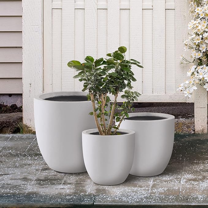 Kante 18",14",10" Dia Concrete Round Planters (Set of 3), Outdoor Indoor Large Planter Pots with Drainage Hole and Rubber Plug for Home Patio Garden, Pure White