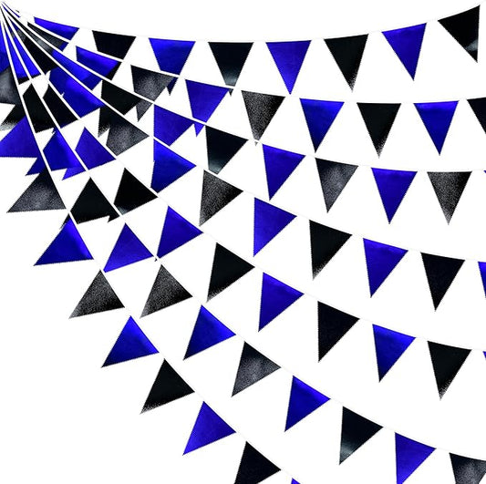 Royal Blue Black Party Decorations Navy Black Metallic Fabric Triangle Pennant Banner Flag Bunting Garland for Graduations Birthday Retirement Wedding Bachelorette Nautical Outdoor Party Supplies