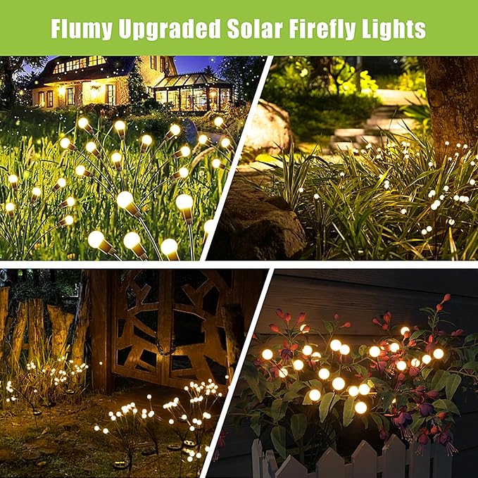 Flumy Solar Outdoor Lights, Waterproof Solar Garden Lights, New Upgraded 4 Pack 32 LED Swaying Firefly Lights for Outdoor Yard Patio Pathway Christmas Decoration(Warm White)