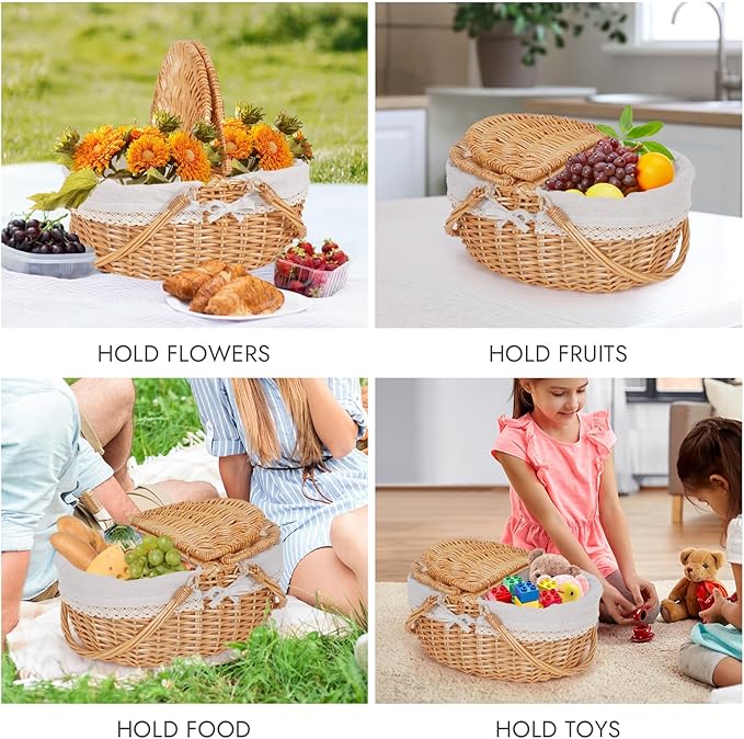 Happypicnic Wicker Picnic Basket with Handle, 15" Large Empty Picnic Basket with Lid & Removable Liner, Vintage Hand Woven Basket for Picnics, Camping, Veg Picking, Mother's Day, Thanksgiving (Solid)