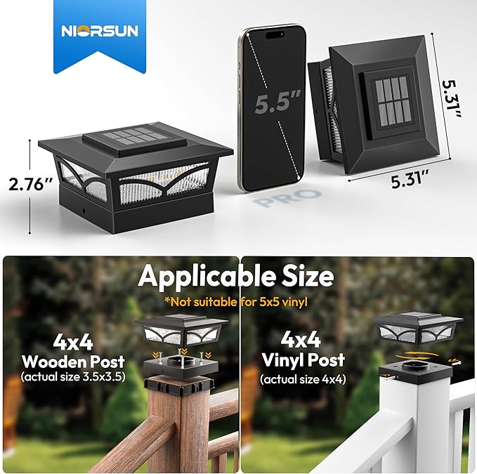 NIORSUN Solar Post Cap Lights Outdoor, 2 Modes LED, Deck Fence Post Solar Lights for 3.5x3.5 4x4 Caps Patio Garden Decoration, Warm White/Cool White Lighting Black 4 Pack