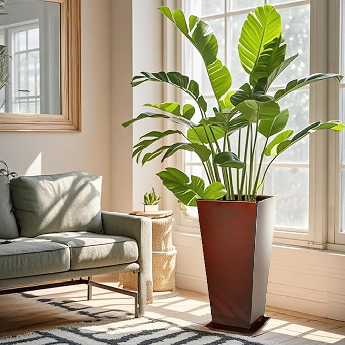 KOL 25'' & 28'' Tall Galvanized Steel Metal Glazed Planter with Insert, Set of 2, Metal Planter Pots for Indoor & Outdoor Use, Decorative Flower Plant Pots for Front Porch, Patio, Deck - Brown