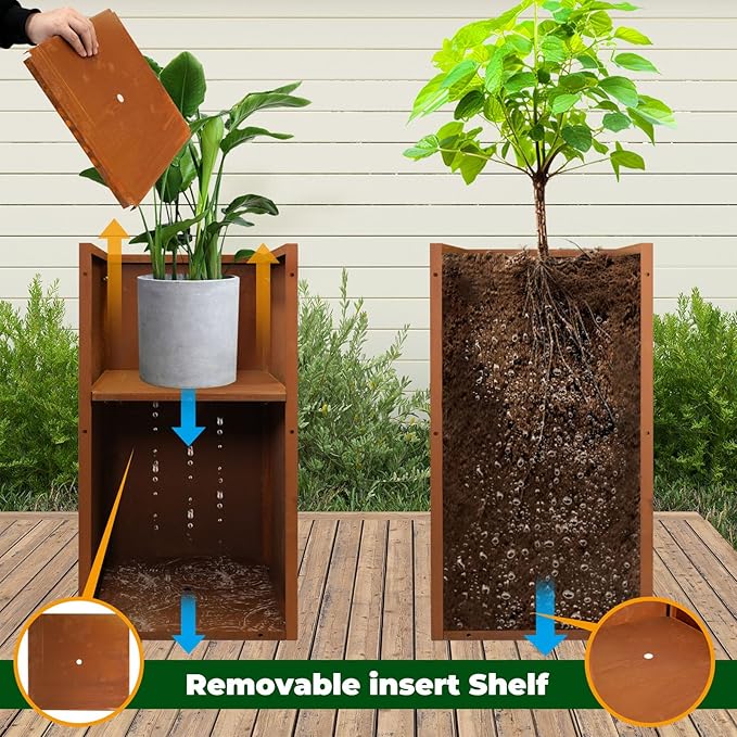 Corten Steel Metallic Heavy Planter for Outdoor Plants 14"x14"x30" Metal Planter Spliced Flower Pot with Partitions for Outside,Indoor,Garden (Corten, 14 * 14 * 30)