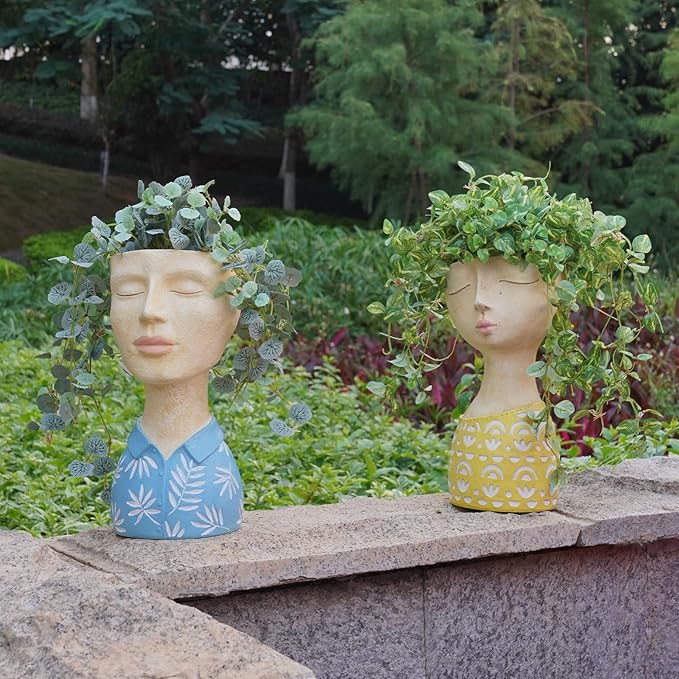 DiliComing Face Planter Pot Head Planter - Unique Planters Resin Male Bust Outdoor Planter Blue Head Planters for Indoor Plants Flower Pot Planter with Face Cute Plant Pots 5 x 6 x 10.5 Inch