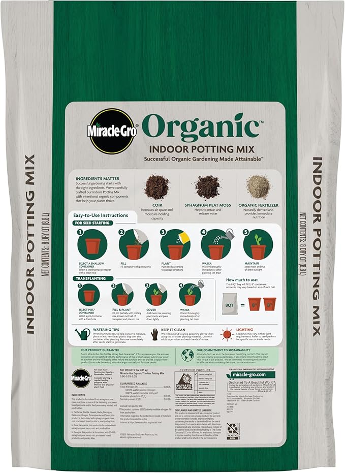 Miracle-Gro Organic Indoor Potting Mix, Protects Against Over and Under Watering, for Indoor Container Plants, Houseplants and Starter Plants, OMRI Listed, 8 qt., 2-Pack