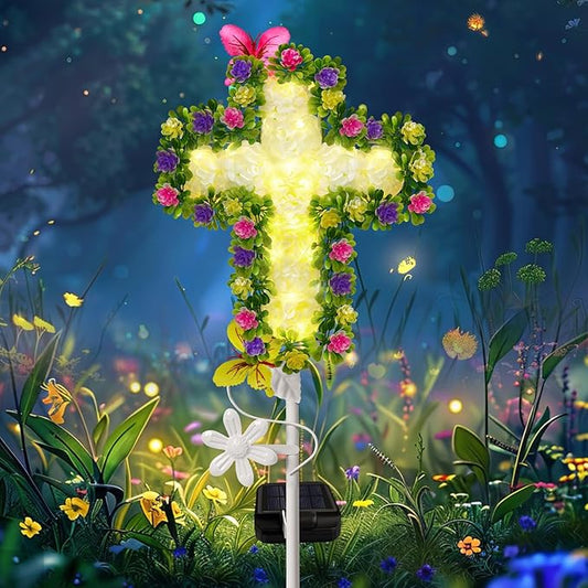 TEDOF Solar Garden Lights Outdoor Solar Flowers Cross Stake Lights Waterproof,Memorial Gifts for Mom,Cemetery Decorations for Grave,Garden,Path,Backyard