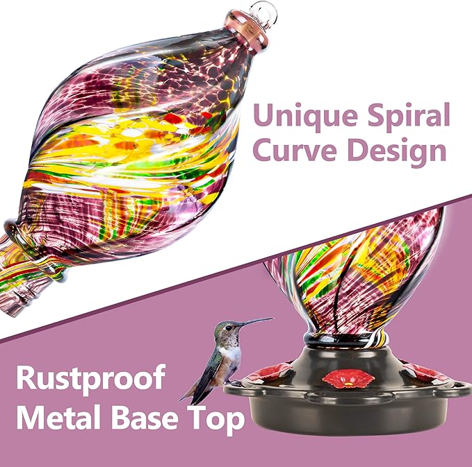 LUJII Ice Cream Shaped Spiral Hummingbird Feeder for Outdoors Hanging, Hand Blown Glass, 28 fl.oz, Leak Proof & Rustproof, Includes an Ant Moat with Hook, Unique & Stylish Glass Art & Decor (Purple)