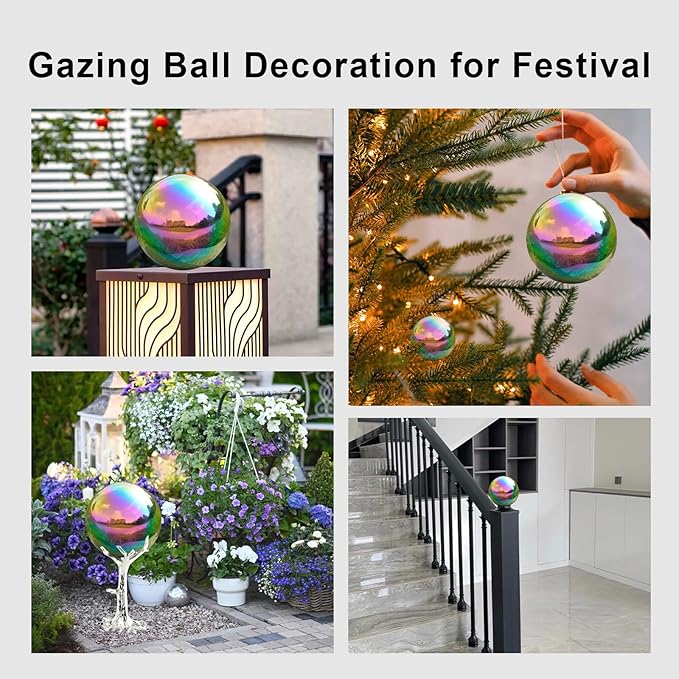 Nerien Gazing Ball, Stainless Steel Garden Mirror Globe, Polished Ornament Sphere, Hollow Floating Reflective Hemisphere, for Home Outdoor Pond Housewarming Swimming Pool Decoration, Rainbow, 10Pcs