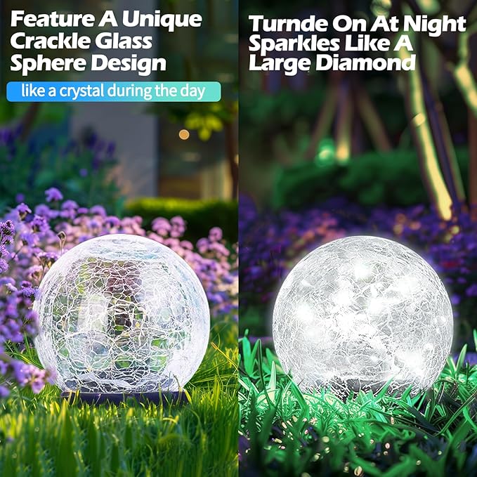 Garden Solar Ball Lights Outdoor Waterproof, 30 LED Cracked Glass Globe Solar Power Ground Lights for Path Yard Patio Lawn, Christmas Decoration Landscape White(2 Pack 3.9'')
