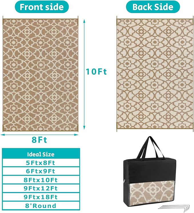 HEBE Outdoor Rug Waterproof 8x10, Plastic Straw Rug Camping Rug, Reversible Outdoor Patio Rugs RV Mat Clearance, Indoor Outside Floor Carpet for Porch,Deck,Camper,Balcony,Backyard