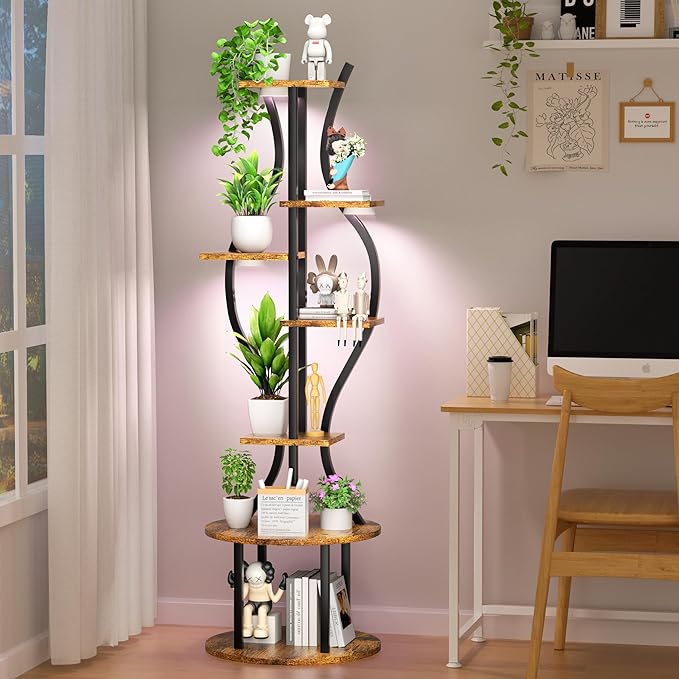 Plant Stand Indoor with Grow Lights, 7 Tier Tall Metal Plant Shelf for Multiple Plants, 55″ Lighted Plants Shelves Corner Flower Holder, Vase Shape Plant Display Rack for Home Living Room Patio