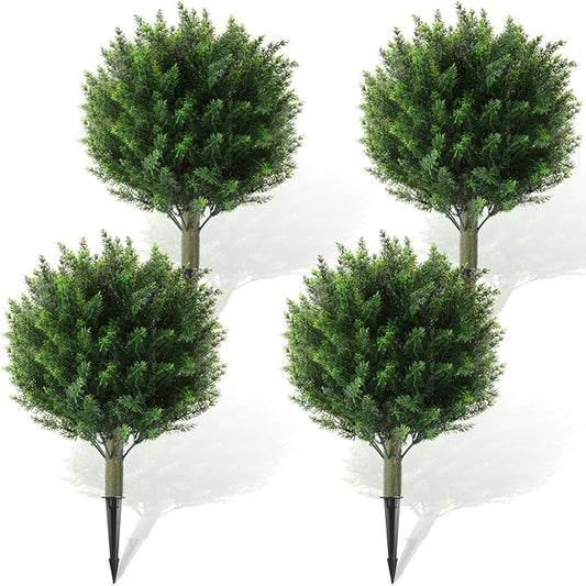 Yunlly 4 Pcs Artificial Cedar Topiary Ball Fake Tree 18" Bush Front Porch Decor Artificial Shrubs for Outdoors Faux Cypress with Ground Spike, Evergreen Plants for Indoor Garden Patio, UV Resistance