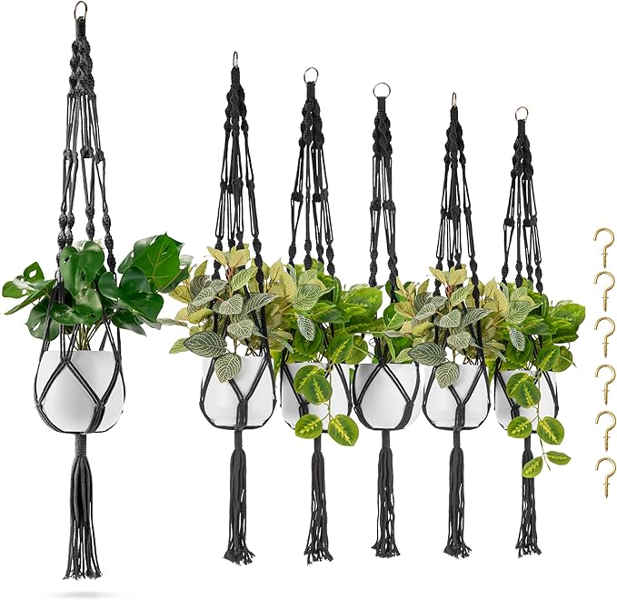 Sorbus Macrame Plant Hanger (6 Pack) Indoor Outdoor Hanging Plant Pots Cotton Rope, Elegant for Home, Patio, Garden (Black)