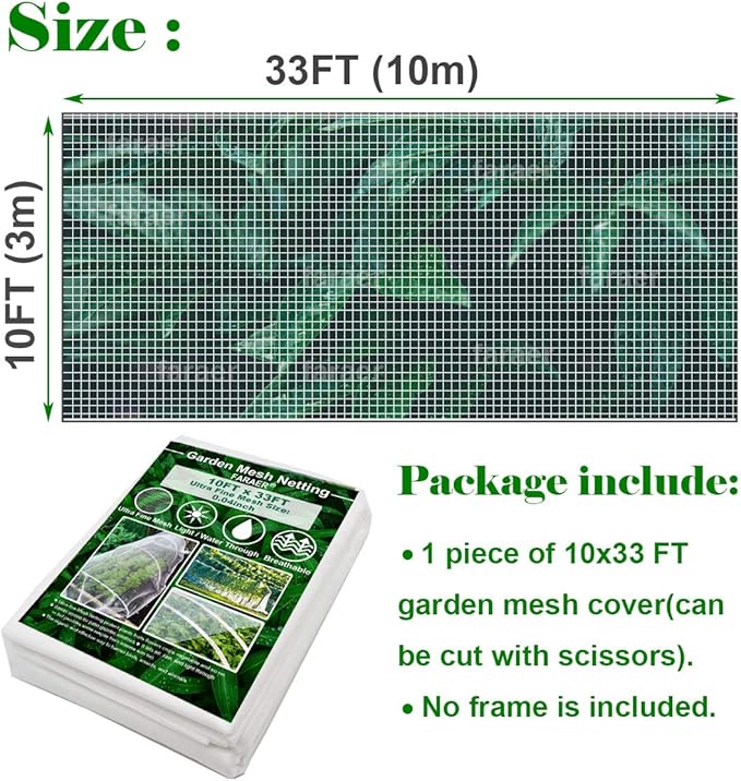 Garden Netting, Plant Covers 10x33Ft Net Ultra Fine Mesh Protection Netting for Vegetable Plants Fruits Flowers Crops Greenhouse Row Cover Raised Bed Barrier Screen Protection Net Cover