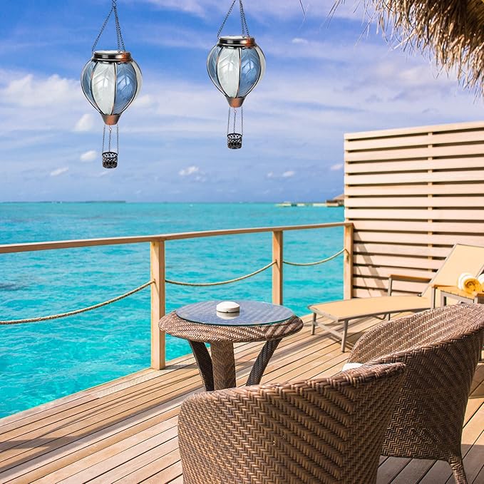 pearlstar Hot Air Balloon Solar Lantern with Flickering Flame Light Outdoor Solar Hanging Lights Waterproof for Garden Yard Farmhouse Outside Decoration,Stained Glass Blue and White