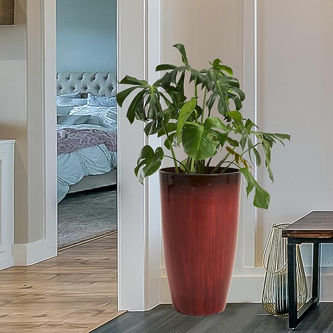 Worth Garden 23.5" H. Large Plastic Planters - Set of 2 Gradient Red Glossy Smooth Finish - Tall Plant Pots for Indoor & Outdoor Use - Decorative Lightweight Flower Pots for Front Porch, Patio, Deck