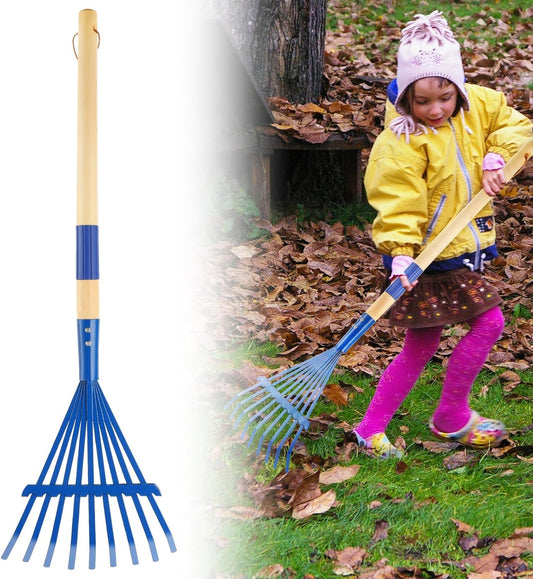 Kids Rakes with Hardwood Handle - Metal Kids Leaves Rakes, 28" Child Size Lawn Rakes with Vibrant Blue Heads, Garden Tool Set for Kids Boys and Girls