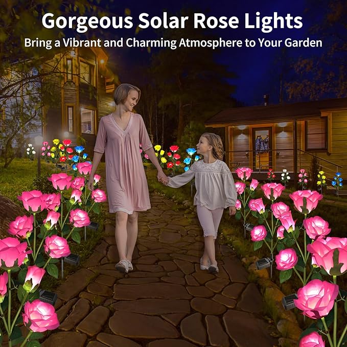 Solar Garden Lights - Realistic 10 Rose Waterproof Solar Powered Flowers for Outside Patio Yard Pathway Decorations, 2 Pack Pink