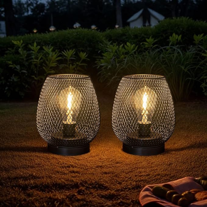 2 Pack Battery Operated Lamp Outdoor Table Lantern,Metal Cage Cordless Lamps with LED Bulb for Weddings Parties Patio Events Indoor Outdoor Patio Bedroom Living Room（Black
