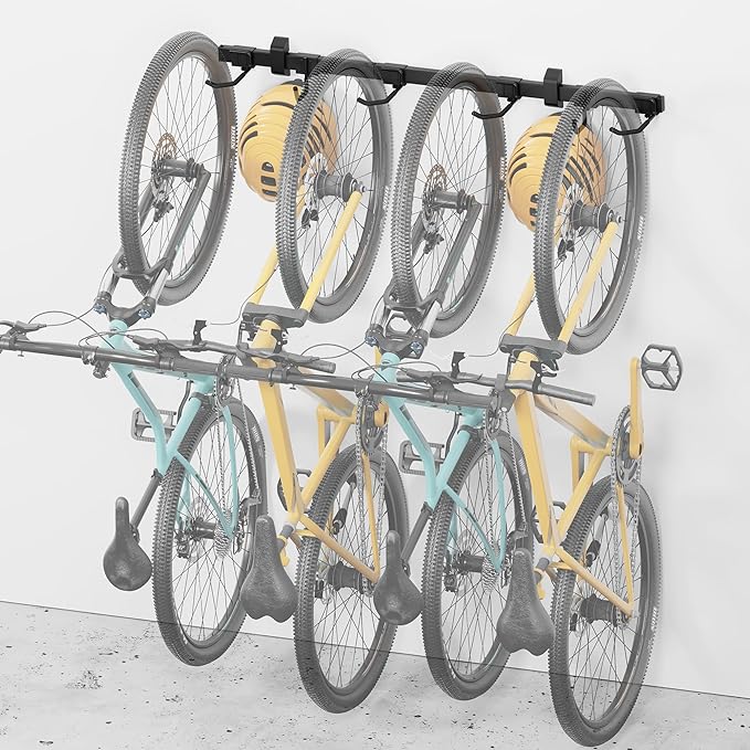 monTEK Enhanced Bike Storage Rack, Adjustable 4-Bike and 2-Helmet Hangers for Indoor Bike Storage, Customizable for Various Bike Sizes, Heavy-Duty Steel Bike Wall Mount, Max Load 265lbs, 48-in