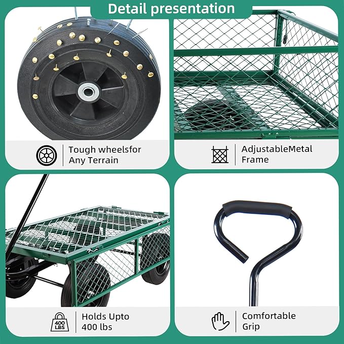 Heavy Duty 480 Lbs Capacity Mesh Steel Garden Cart Folding Utility Wagon with Removable Sides (Green)