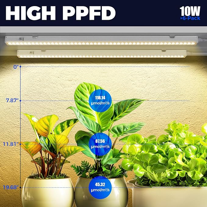 Barrina T5 Pro LED Grow Lights for Indoor Plants Full Spectrum, 2FT 60W(6 x 10W) Plant Lights for Indoor Growing with Reflector Cup, Grow Light Lamp with Individual Switch, Yellow, 6 Packs