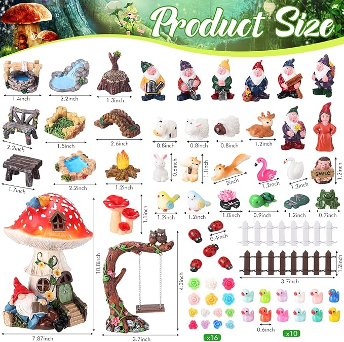 HyDren 100 Sets Garden Gnome Statue Set Mushroom House Solar Light Gnome Miniatures Figures Decor Fairy Resin Statues Garden Accessories for Yard Patio Lawn Outdoor Micro Landscape Ornaments