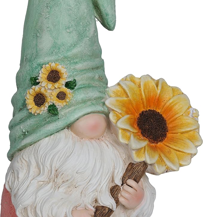 Alpine Corporation MCC842 Indoor/Outdoor Gnome Holding Sunflower Garden Statue, Charming Gnome Statue w/Hat, 21" H, Turquoise