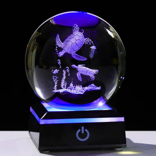 Qianwei Sea Turtle Gifts for Women 3D Crystal Ball 3.14'' - Laser Sea Turtle Decor Glass Animals Turtle Figurines Statue Stuff for Room Decorations Turtles Night Light