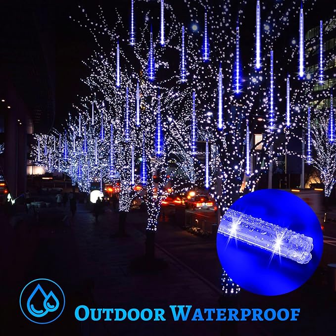 KNONEW Meteor Shower Lights 15 Inch 24 Tubes 672 LED Christmas String Plug-in Outdoor Waterproof Falling Rain for Wedding Party Garden Holiday Tree Decorations (Blue)