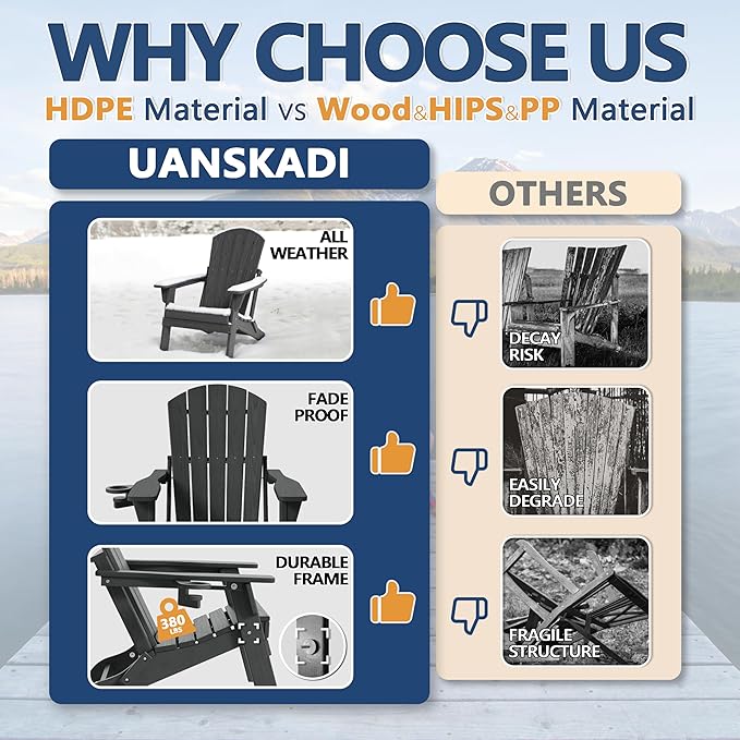 Folding Adirondack Chair Set of 3 with Cup Holder, HDPE All Weather Resistant Plastic Outdoor Patio Chairs, Heavy Duty Fire Pit Seating for Backyard Lawn Garden, Wooden Textured Design(Gray)