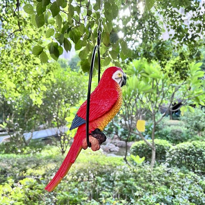 Lifelike Parrot Garden Statues Hanging Decor Ornaments Figurines Sculpture for Patio Lawn Yard, Blue Tail (Red Tail)
