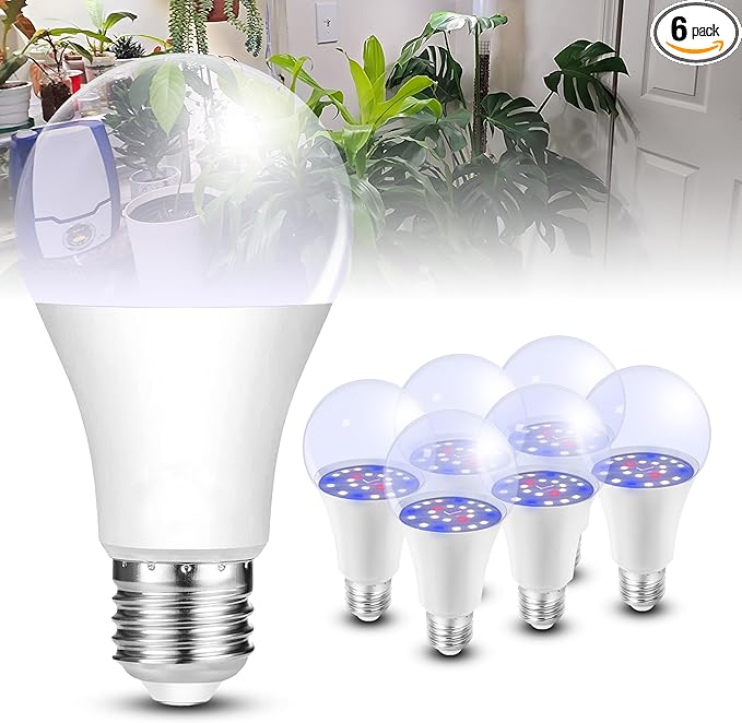 Red Blue 5000K LED Grow Light Bulbs Full Spectrum A19 Bulb, E26 12W Sun Grow Plant Light Bulbs 100w Equivalent, Plant Growing Lamp Bulbs for Flowers, Seed Starting, Indoor Growing, Greenhouse, 6pack