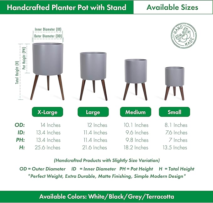 D'vine Dev 14 Inch Planter Pot with Stand, Mid-Century Tall Plant Pot with Legs for Indoor Plants, X-Large, Grey, 88-O-D-3