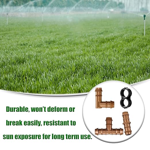 Irrigation Fittings Kit for 1/2 Inch Tubing Include 8 Tees, 8 Couplings, 8 Elbows and 8 End Cap Plugs Drip Irrigation Barbed Connectors, Drip Line Connectors Set
