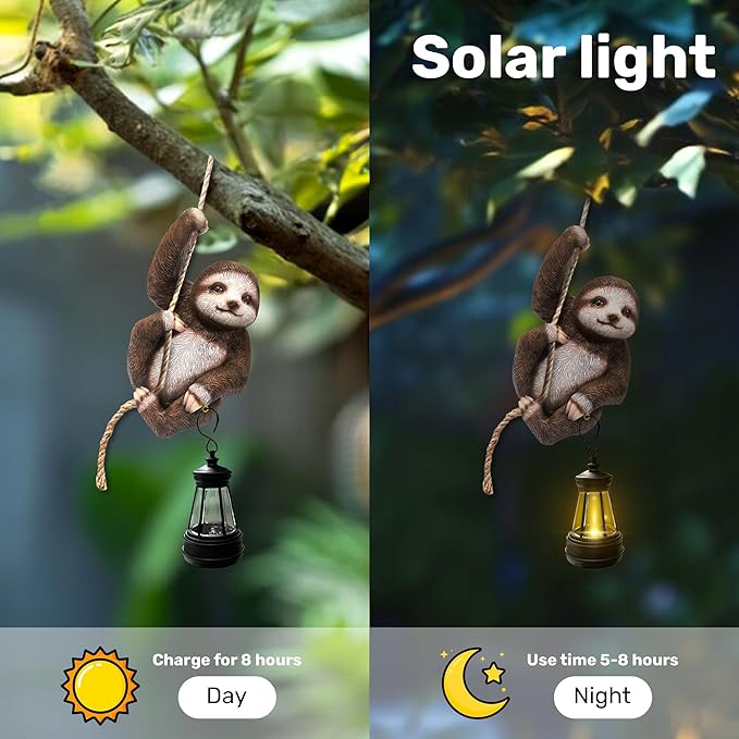 6x4 Inch Adorable Sloth Hanging Statue, Indoor/Outdoor Decorative Sculpture, Solar Lights Outdoor Waterproof, Garden Decorations Outdoor, Relaxed Sloth Ornament for Home, Patio, or Yard
