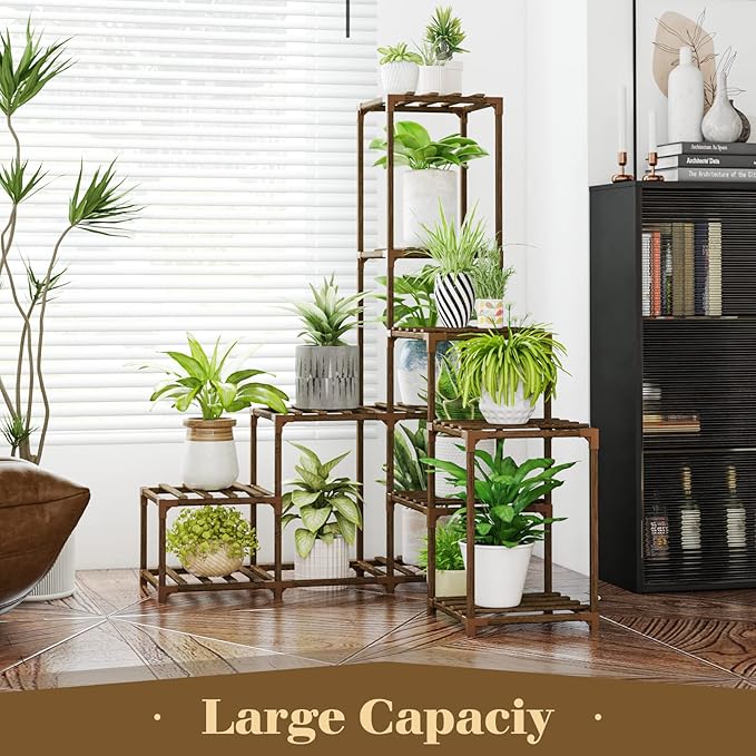 Bamworld Plant Stand Indoor Corner Plant Shelf Wood Plant Holder 8 Pots for Multiple Plants Home Decor for Gardening Gifts